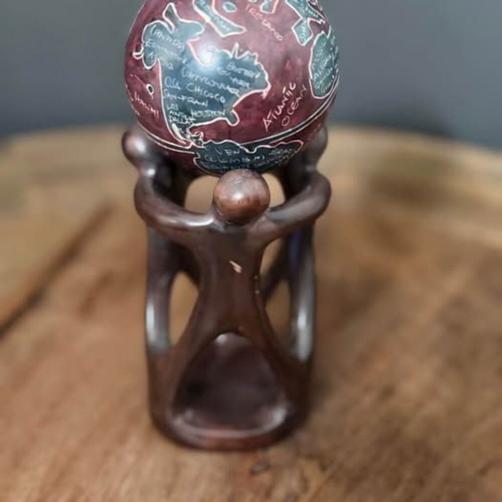 Hand-Carved Soapstone World Globe with Figural Stand